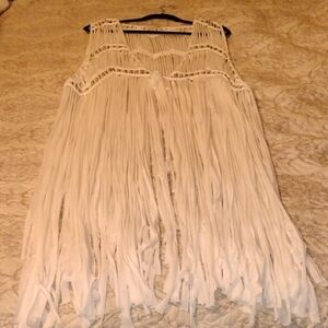 Love Sense Woman's Swim Cover Up With White Fringe, Beads & Front Tie, Size: S